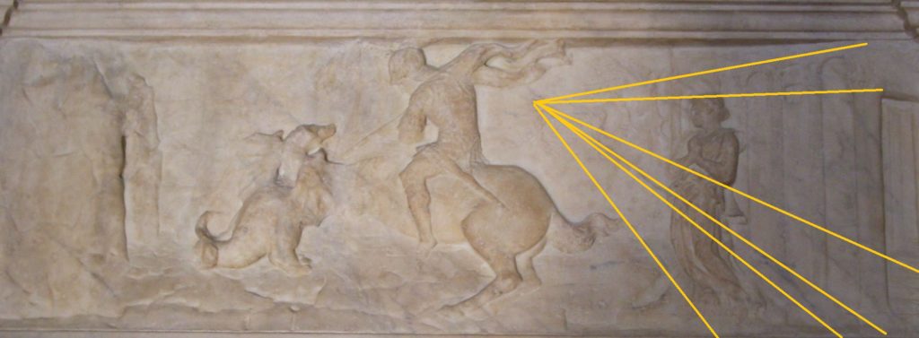 Donatello, St. George fighting against the dragon, bas-relief, ca. 1417, Orsanmichele (orignal in the Bargello Museum).